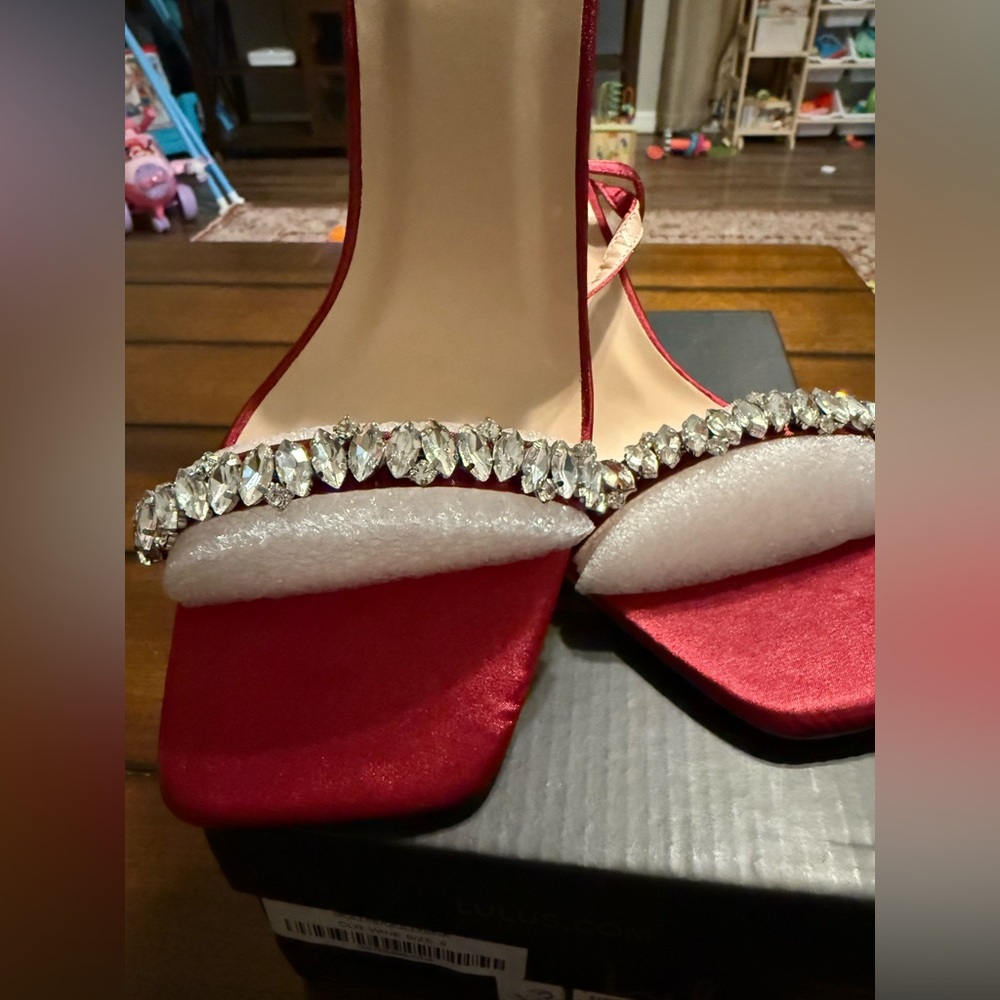 Lulu's Red Satin Heels with Crystal Accents